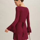 Vinska Rdeča A-Linija Mini Obleka z Ruffles