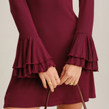 Vinska Rdeča A-Linija Mini Obleka z Ruffles