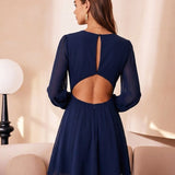 Modra Chiffon Obleka brez Hrbtne Strani A-Linije