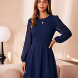Modra Chiffon Obleka brez Hrbtne Strani A-Linije
